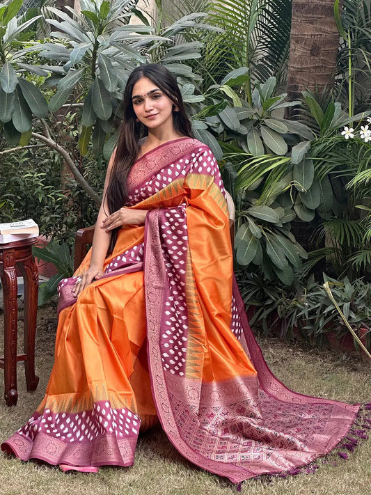 Pure Banarasi Soft Silk With Patola Pallu on Saree in Orange Colour by My Store