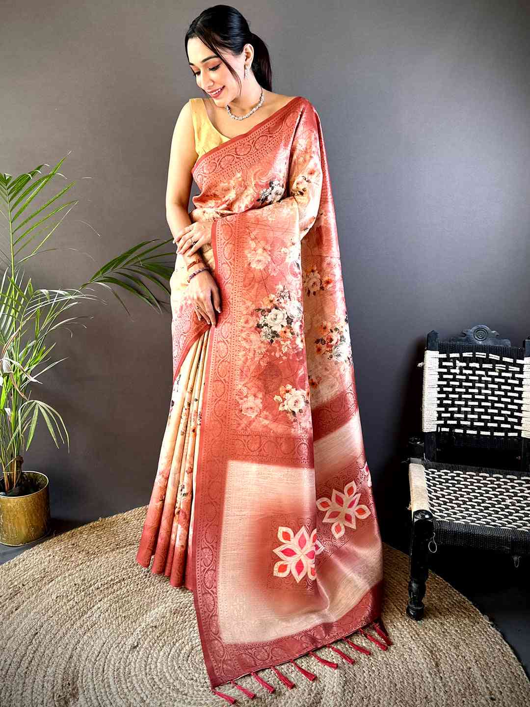 Red Slub Ghicha Zari Pallu Saree by My Store