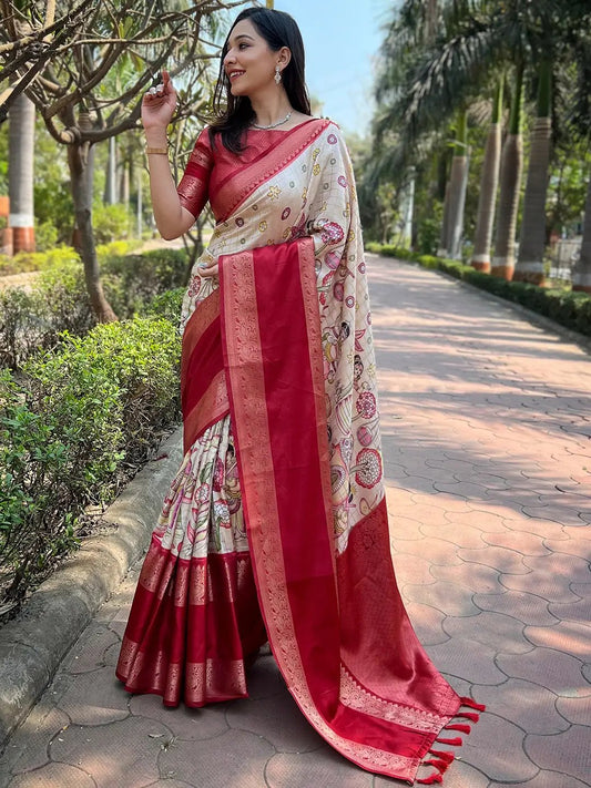 Chiku Colour Double Border Chex Weaving Banarasi Soft Silk Saree by My Store