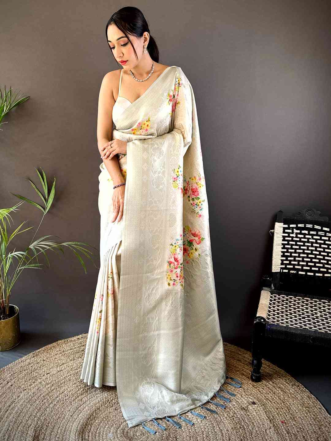 Off White Kanjivaram Digital Silk Saree by My Store