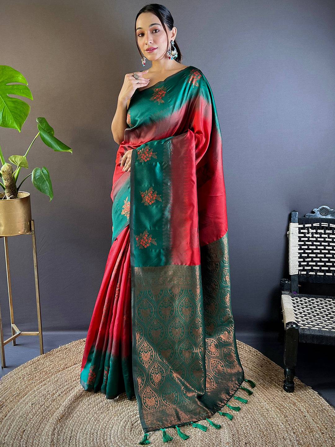 Cherry Red Sami Banarasi Tussar Silk Saree by My Store