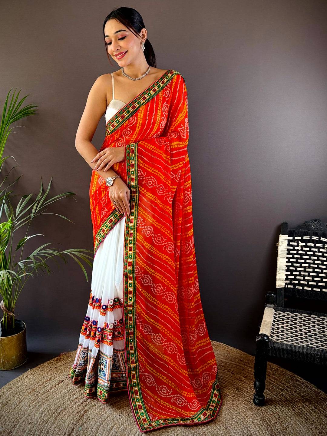 Orange Soft Georgette Katchi Embroidery Saree by My Store