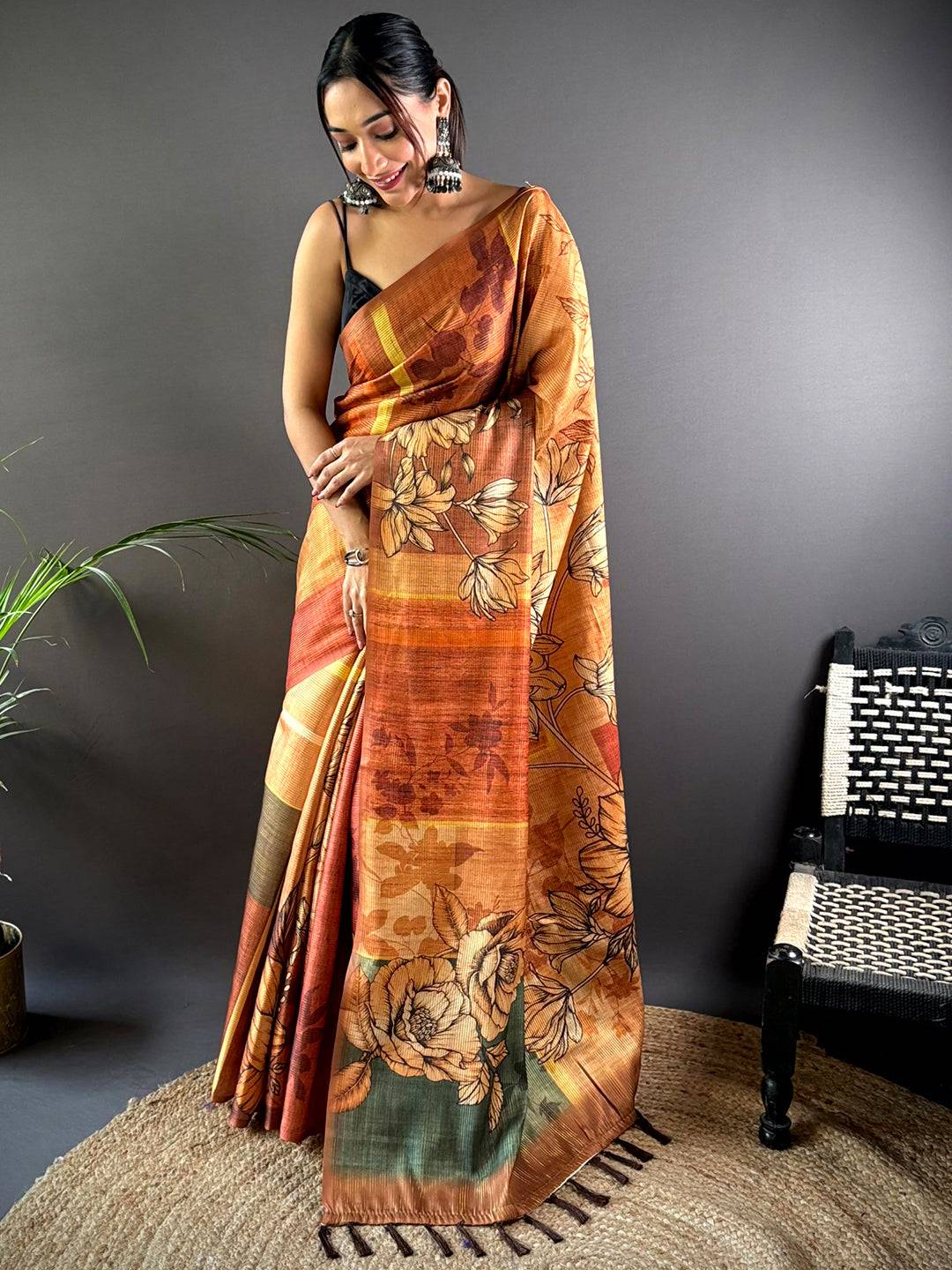 Brown Semi Gold Zari Tussar Saree by My Store