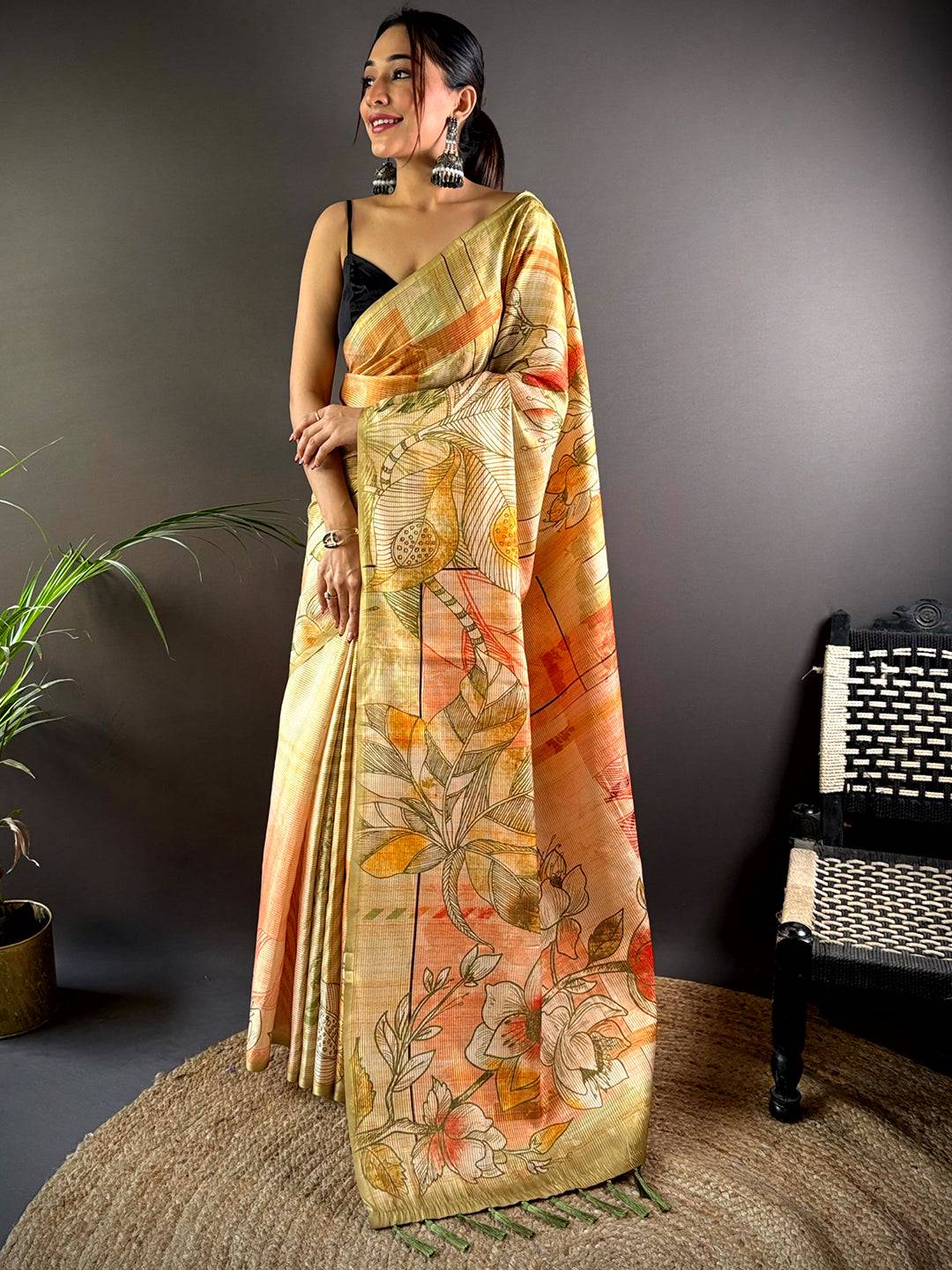 Olive Tussar Silk Lush Botanical Prints Saree by My Store