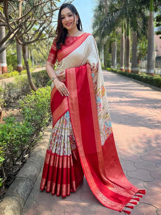 Cream Colour Double Border Chex Weaving Banarasi Soft Silk Saree by My Store