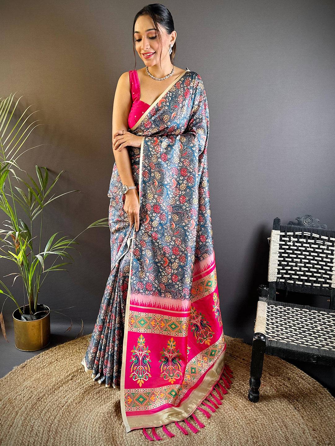 Smoke Grey Kalamkari Floral Print Gamthi Saree by My Store