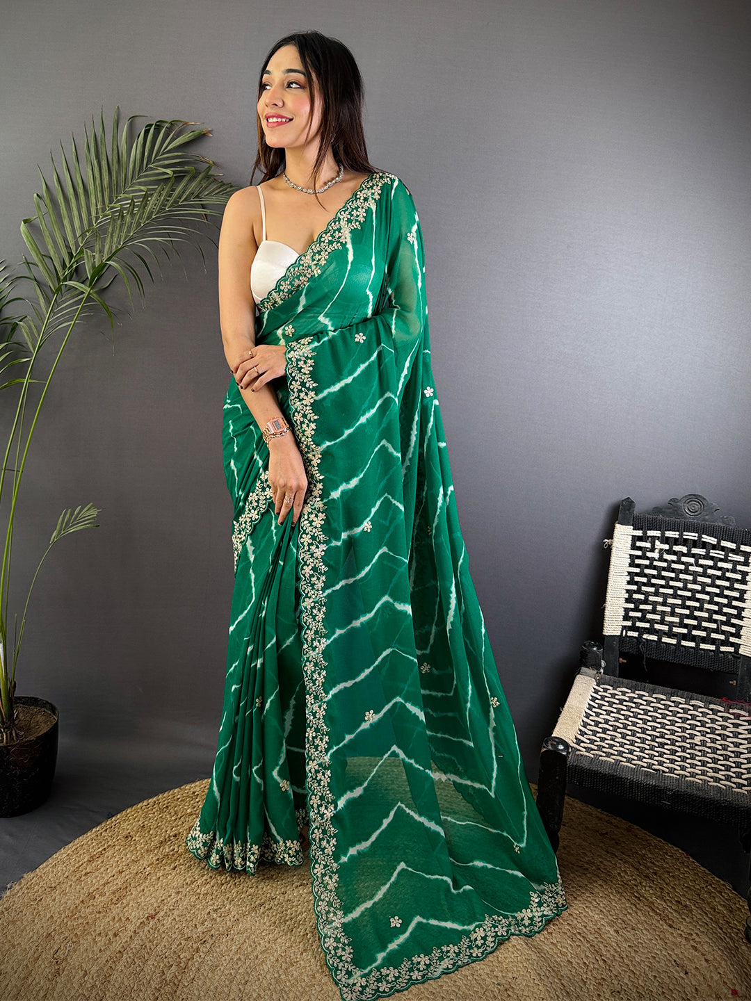 Green Soft Georgette Bandhej Print Saree by My Store