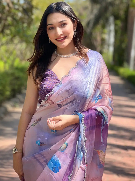 Lust Lavender Satin Georgette Floral Print Saree by My Store