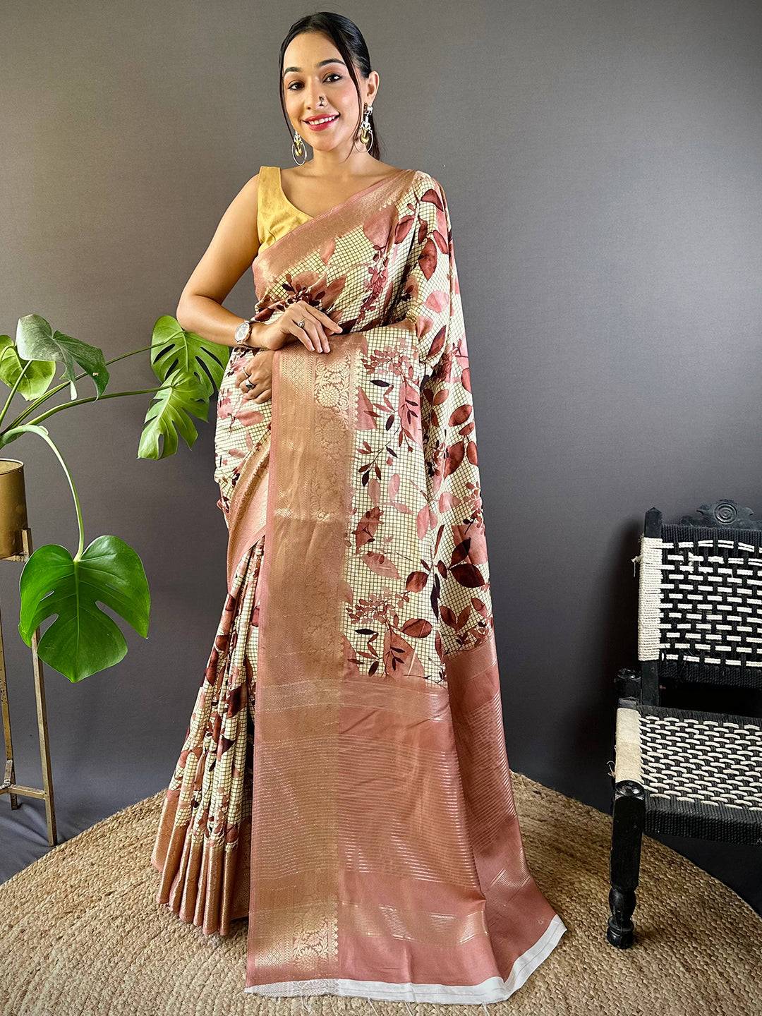 Leaf And Check Dusty Pink Viscose Saree by My Store
