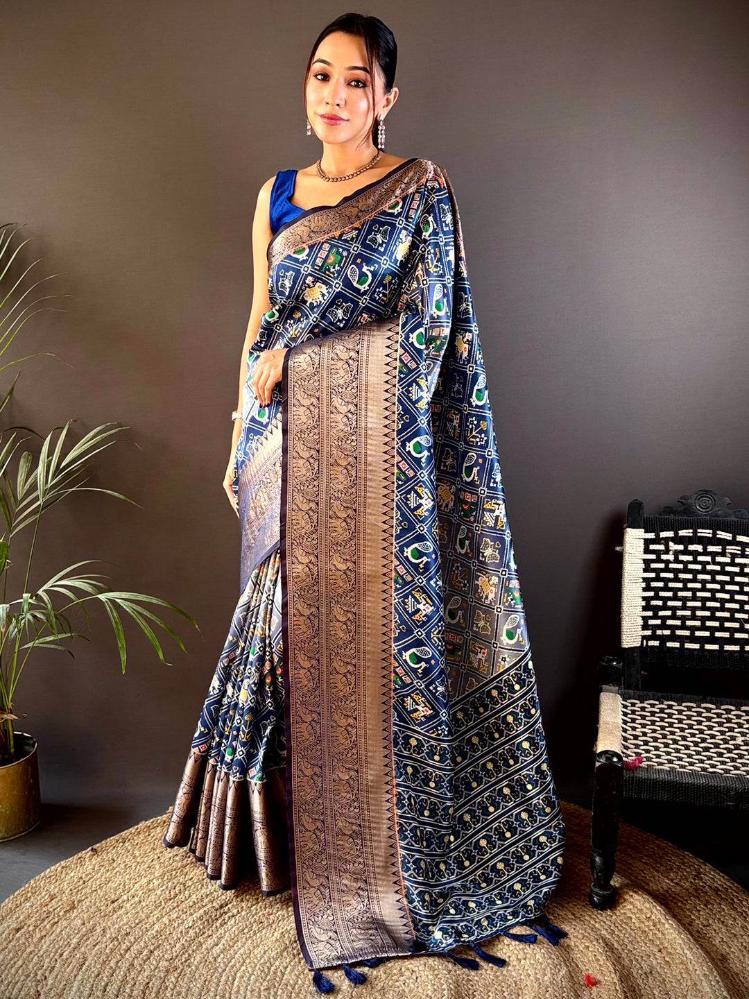 Ombre Navy Soft Silk Patola Print Saree by My Store