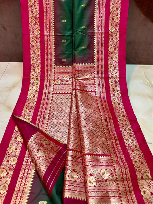 Gold Zari Woven Bottle Green Soft Silk Saree by My Store