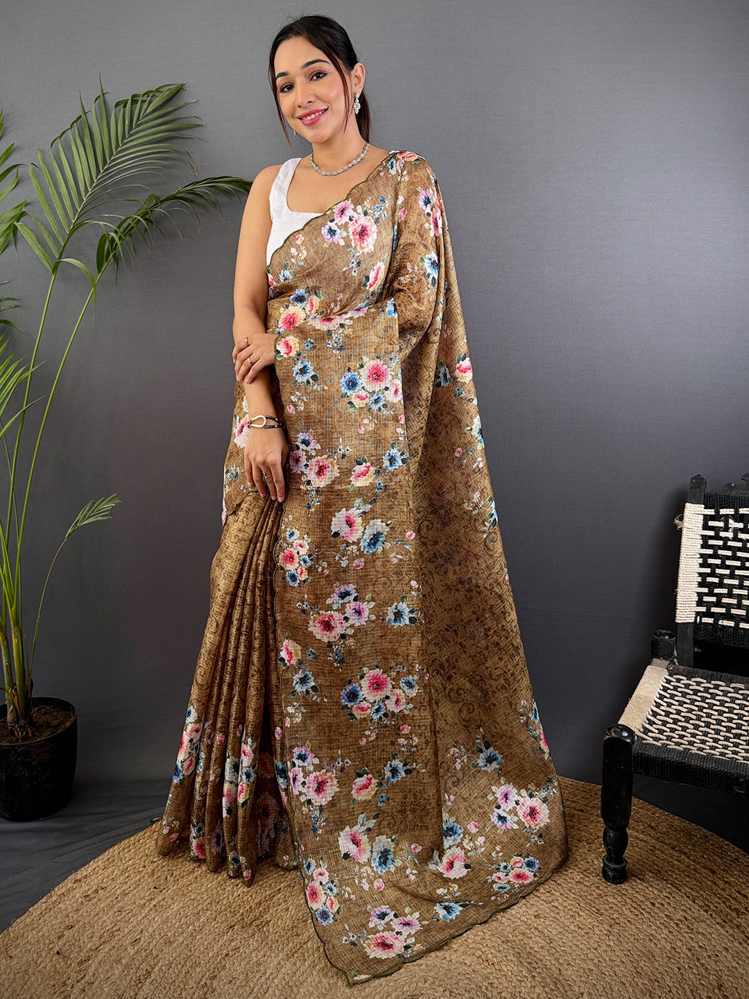 Brown Floral Cut Work Kota Saree by My Store