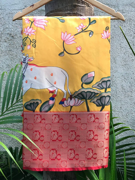 Silk Pichwai Digital Print Yellow Saree by My Store