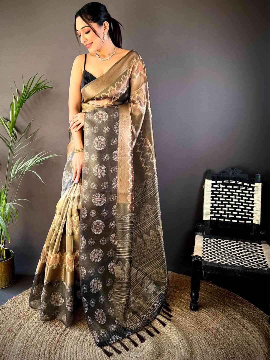 Light Chikku Tissue Striped Digital Printed Saree by My Store
