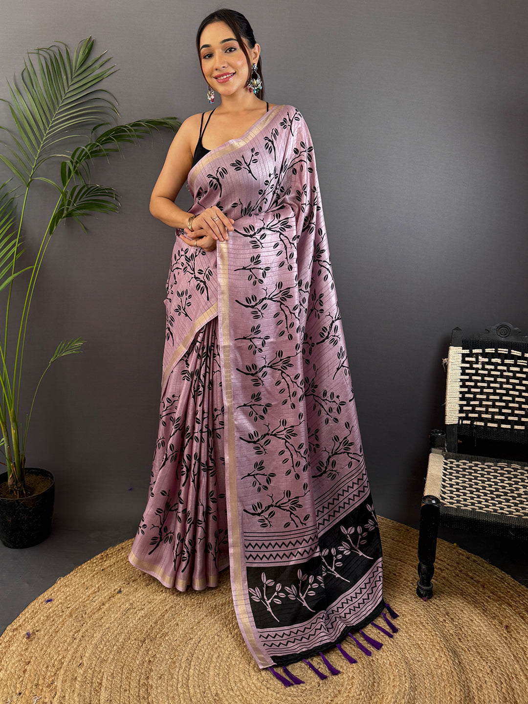 Lavender Ghicha Leaf Print Saree by My Store