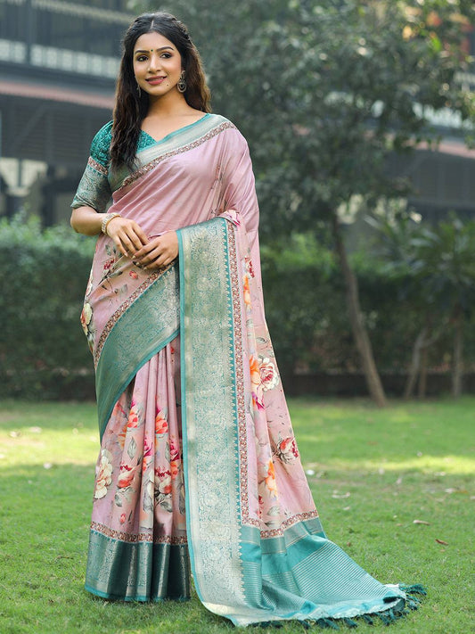 Light Pink Colour Phulkari Design Zari Weaving Pallu Saree - Luxe by My Store