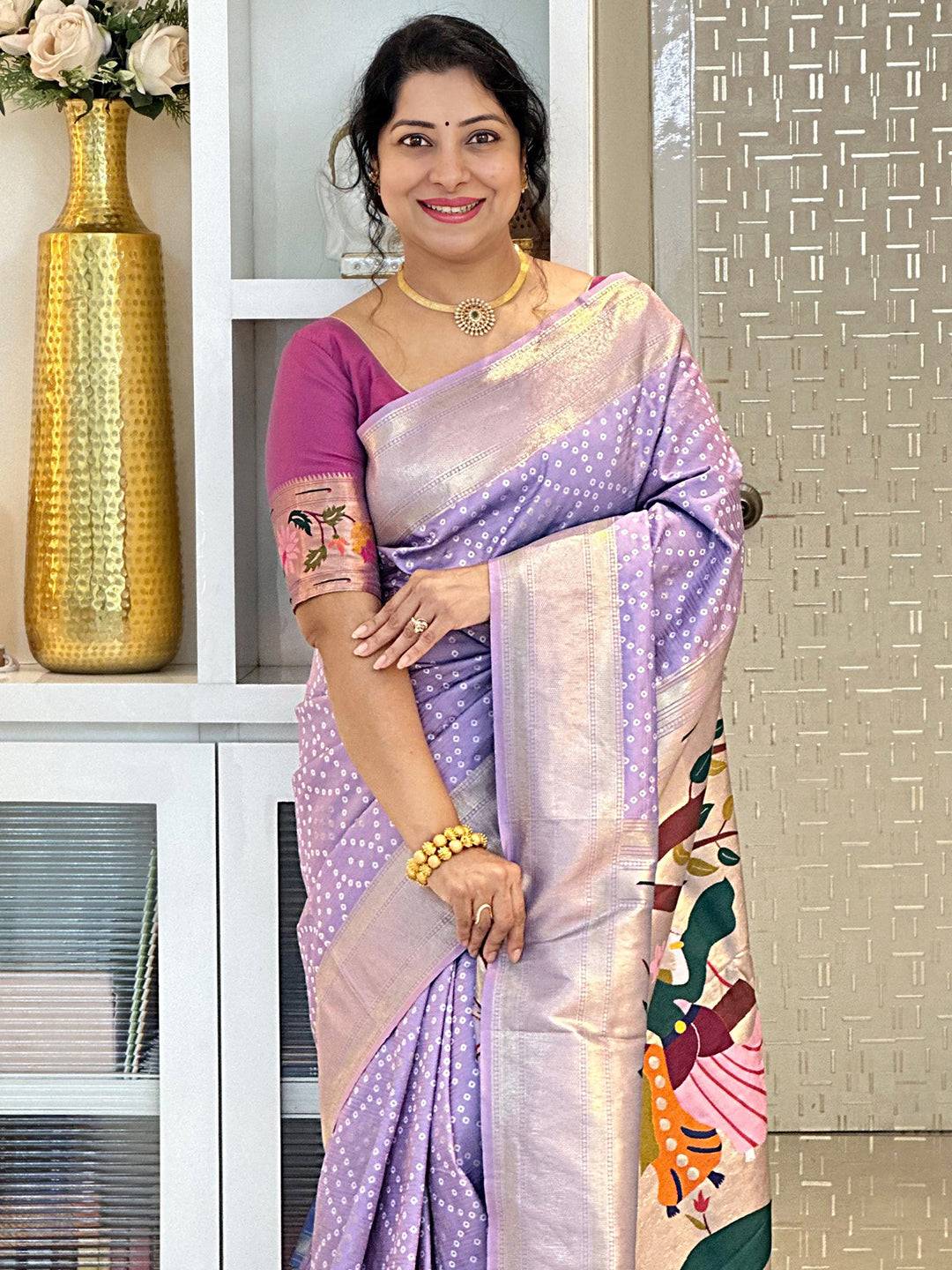 Lavender Soft Silk Bandhej Weaving Saree by My Store