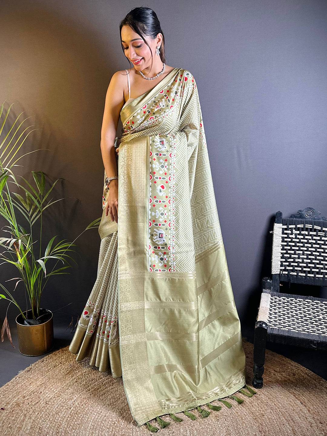 Olive Zig Zag Kalamkari Kanchi Silk Saree by My Store