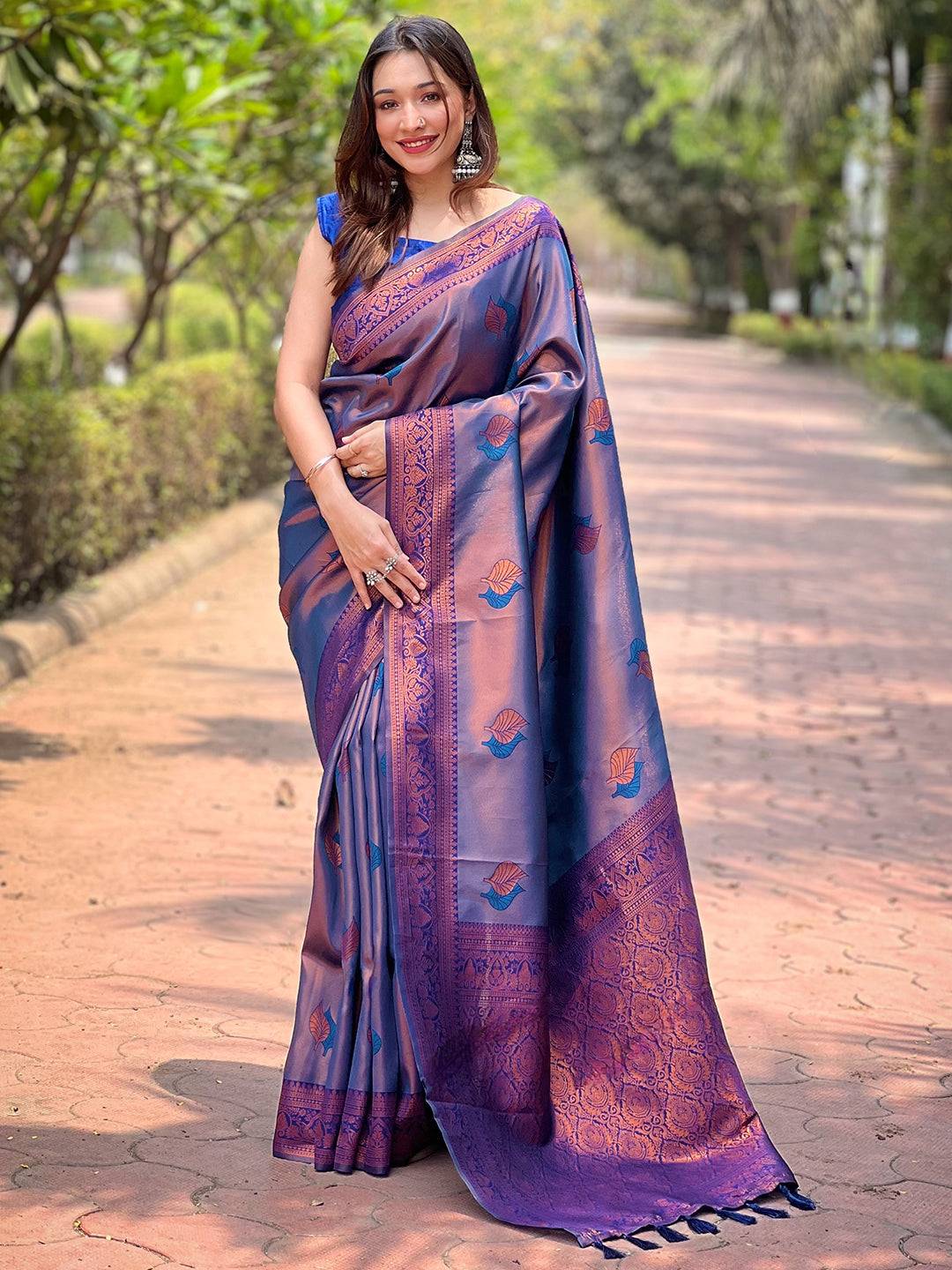 Navy Kanjivaram Tissue Saree With Gold Zari Weaving by My Store