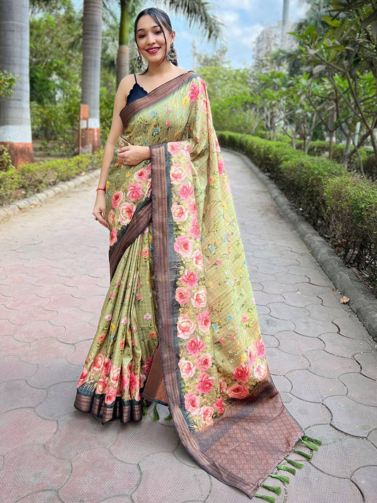 Pista Soft Silk Copper Zari Weaving Digital Floral Saree by My Store