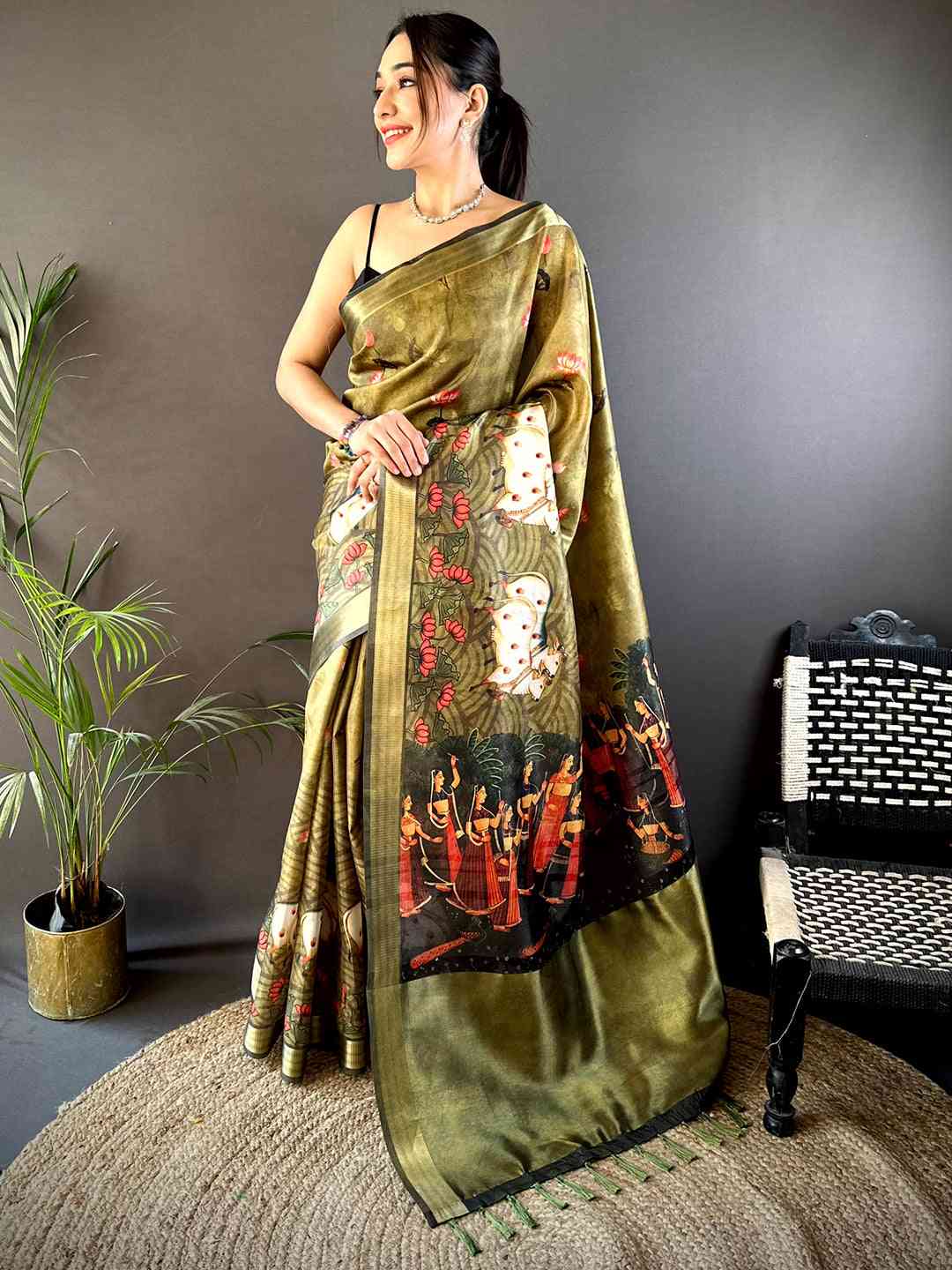 Olive Soft Silk Tissue Pichwai Print Saree by My Store