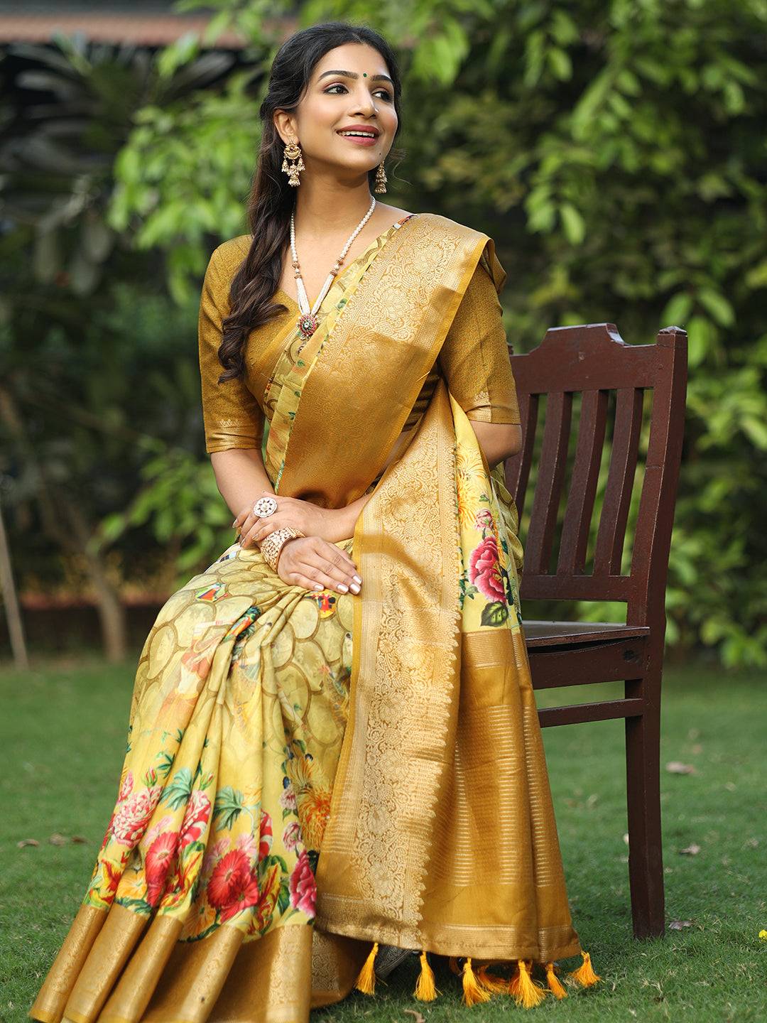 Yellow Colour Pure Viscose Dola Silk Floral & Mughal Print Saree - Luxe