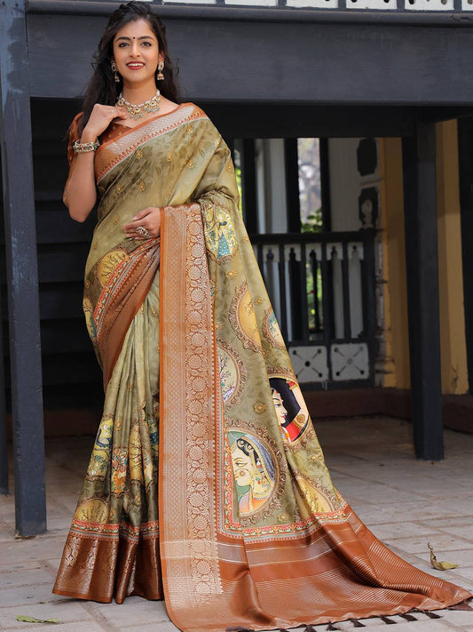 Pure Viscose Dola Silk Saree With Zari Weaving Pallu In Olive Colour - Luxe by My Store