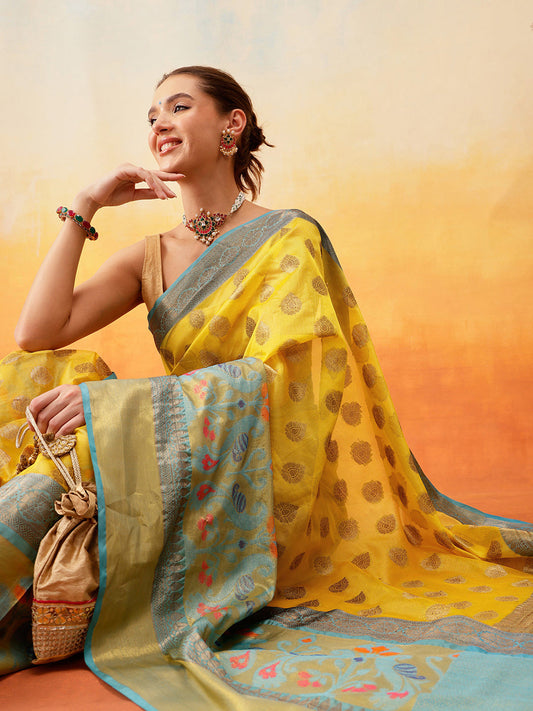 Vibrant Yellow Ethnic Motifs Banarasi Silk Saree