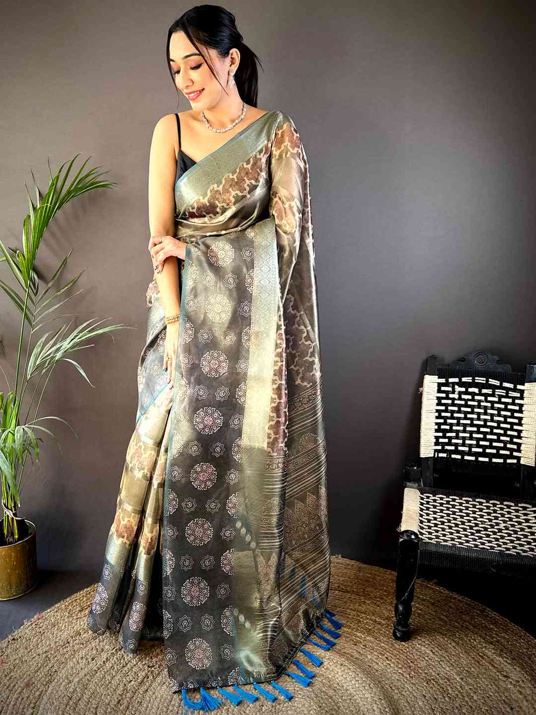 Light Green Tissue Striped Digital Printed Saree by My Store
