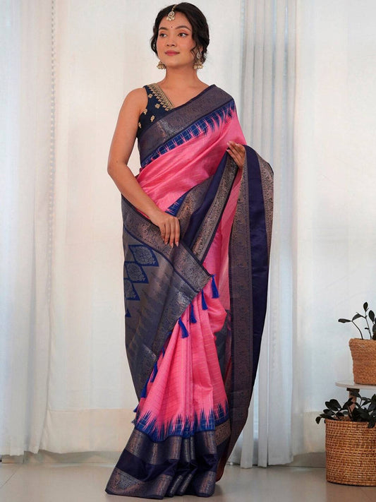 Pink Colour Banarasi Soft Silk Gadwal Pattu Zari Weaving Party Wear Saree by My Store
