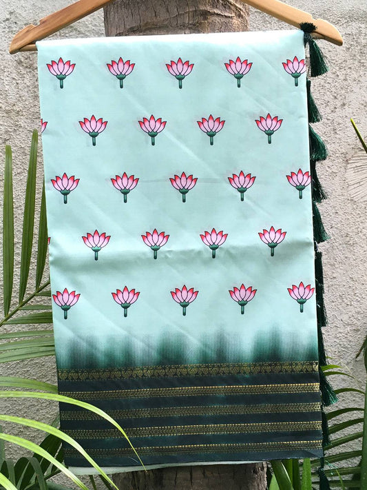 Green 2 Ton Lotus Print Saree by My Store
