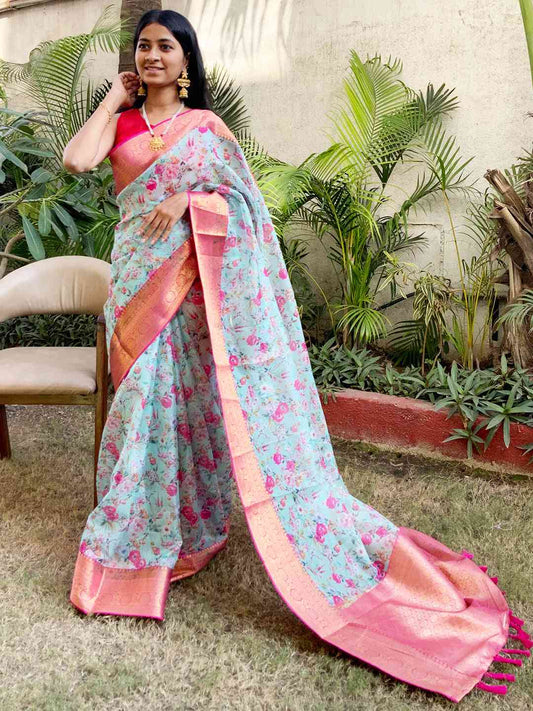 Sky Blue Colour Digital Flower Print Kota Silk Saree by My Store
