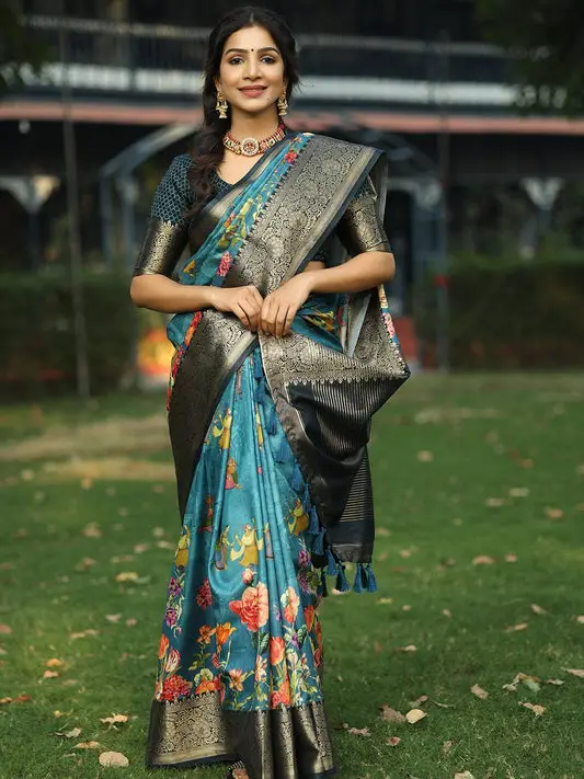 Blue Colour Pure Viscose Dola Silk Floral Print & Zari Weaving Pallu Saree - Luxe