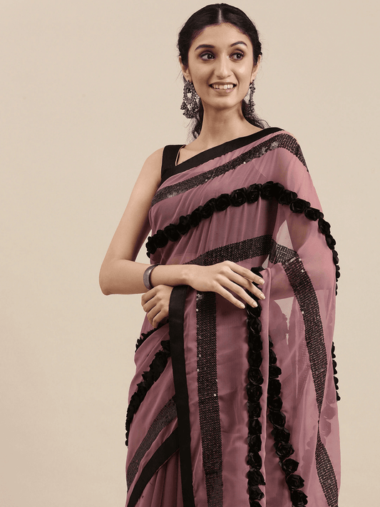 Poly Georgette Ribbon 3D Work Wine Colour Saree by My Store