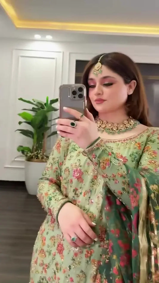 Graceful Green Floral Printed Suit with Embroidered Palazzo & Dupatta - My Store
