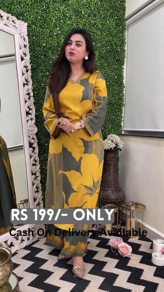 Chic Mustard & Grey Printed Long Dress – Effortless Elegance - My Store