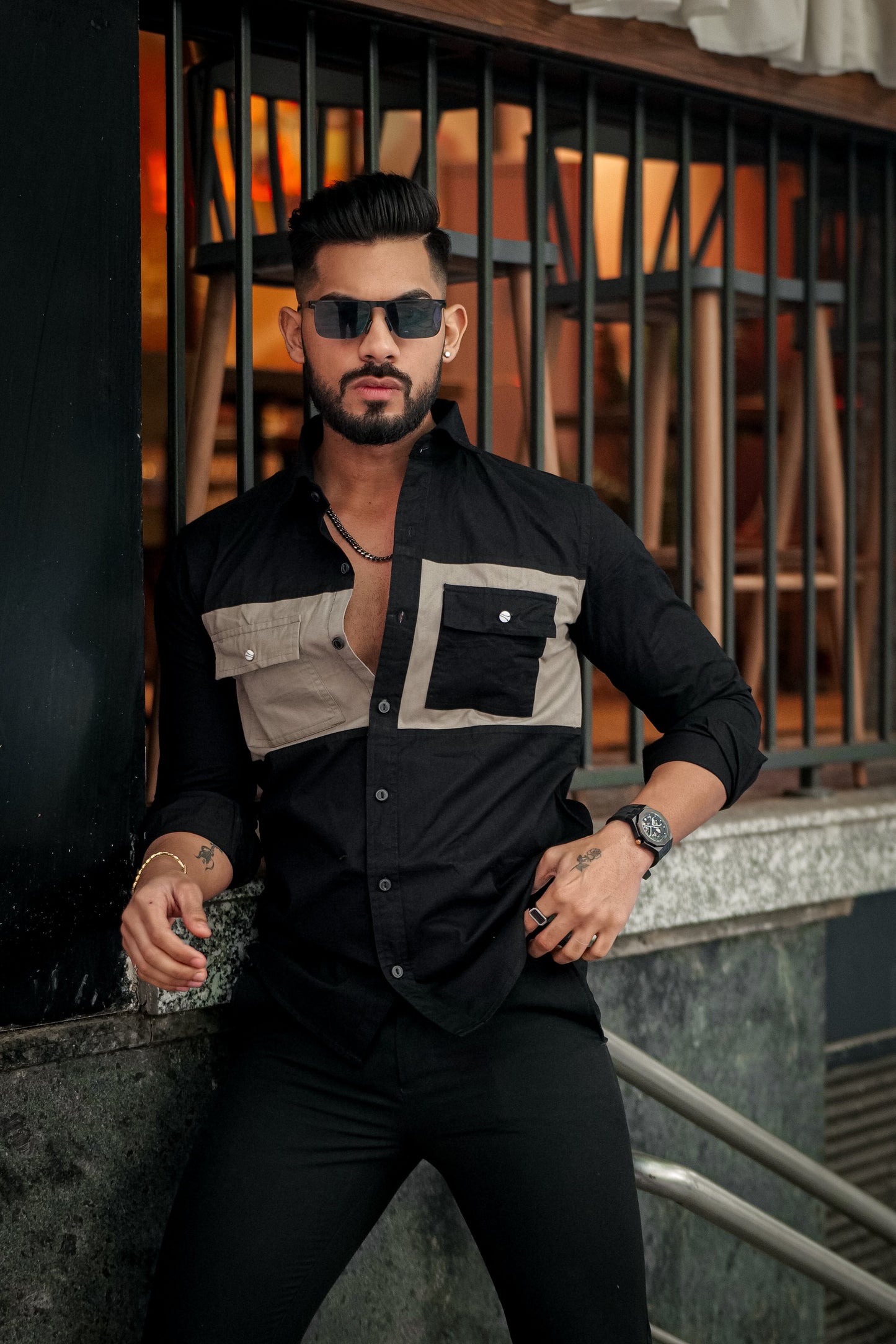 Black-Grey Double Pocket Cotton Designer Shirt