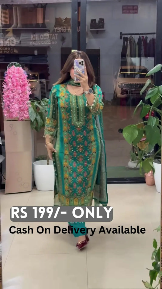 Elegant Teal & Gold Printed Kurta Set with Dupatta – Timeless Grace - My Store