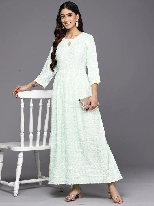 Green Embroidered Rayon Fit and Flare Dress by My Store