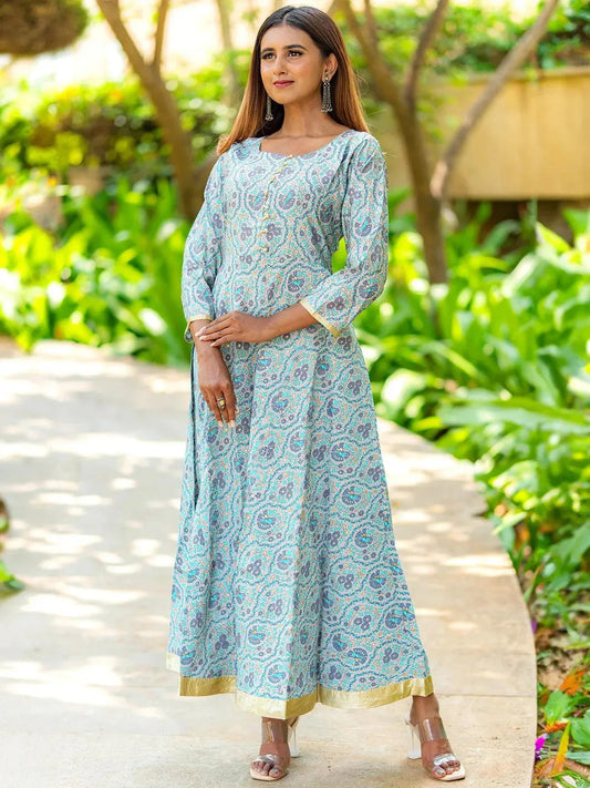 Grey Printed Silk Fit and Flare Dress by My Store