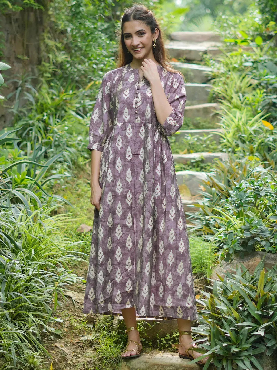 Mauve Printed Silk Fit and Flare Dress by My Store