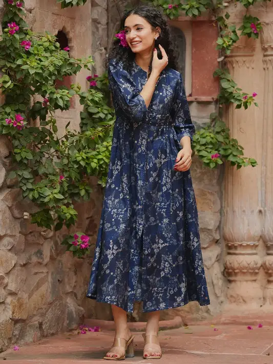 Blue Printed Silk Fit and Flare Dress