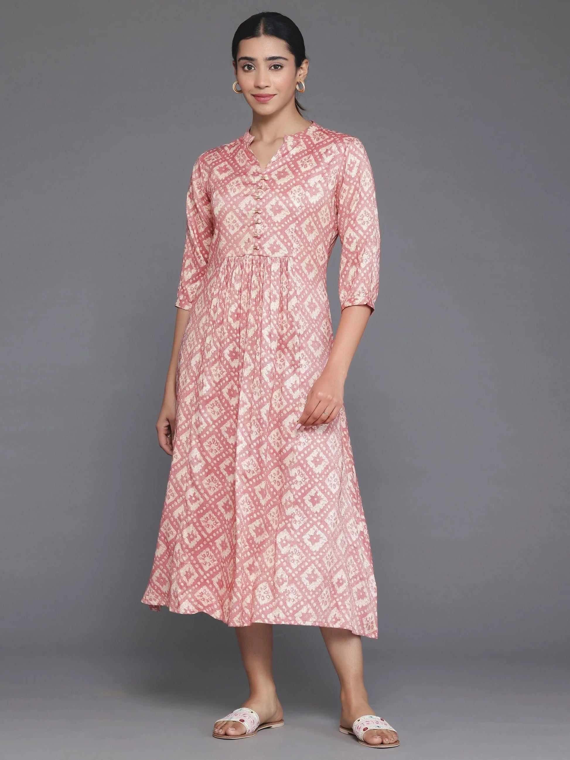 Peach Printed Silk A-Line Dress by My Store
