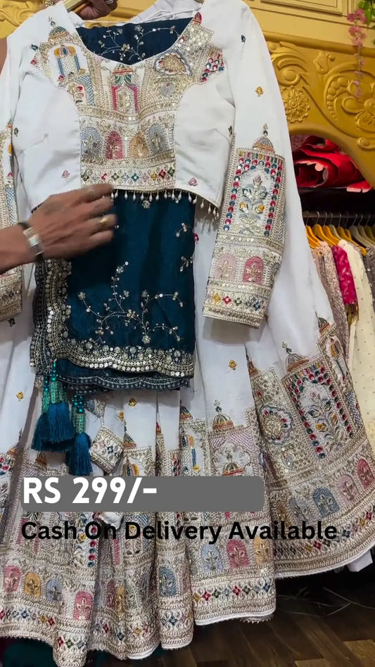 Royal White & Teal Embroidered Lehenga Set – Majestic Elegance - My Store