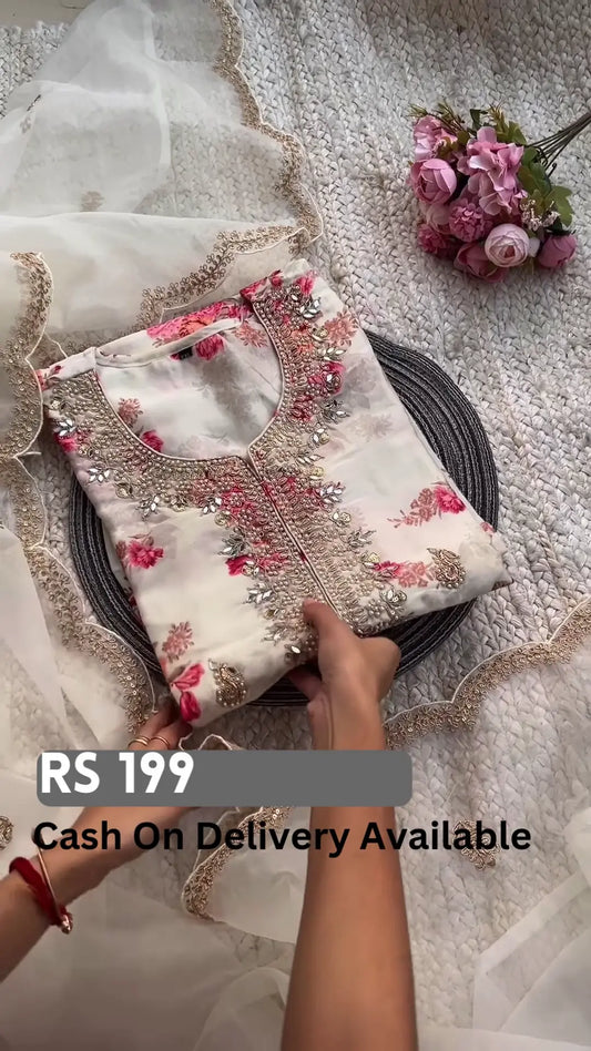 Elegant Floral Embroidered Kurti with Sheer Dupatta - My Store