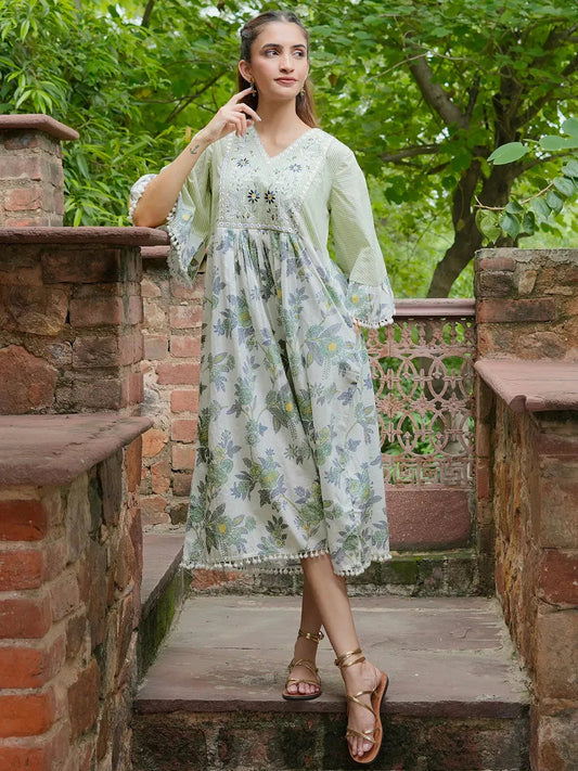Green Printed Cotton A-Line Dress by My Store