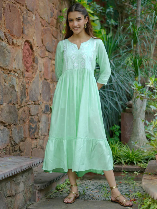 Light Blue Self Design Viscose Rayon A-Line Dress by My Store