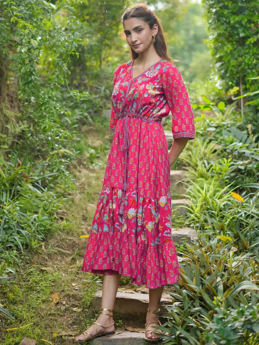 Pink Printed Cotton Fit and Flare Dress by My Store