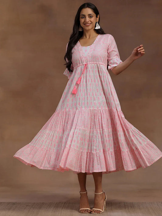 Pink Printed Cotton A-Line Dress by My Store