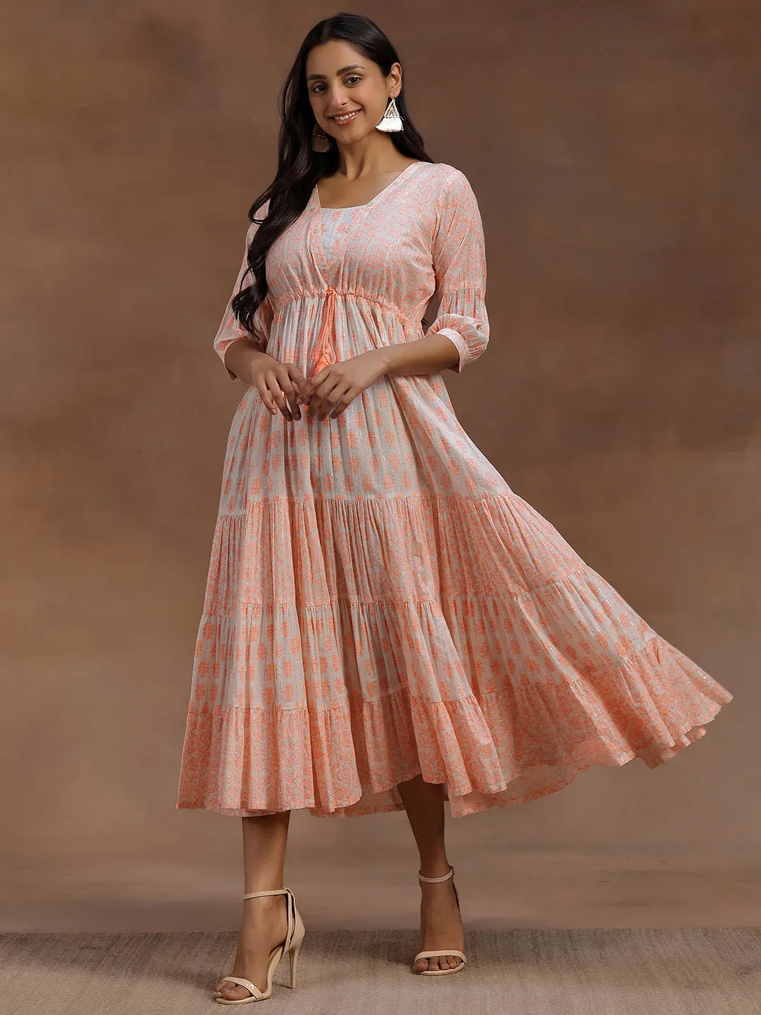 Orange Printed Cotton A-Line Dress by My Store